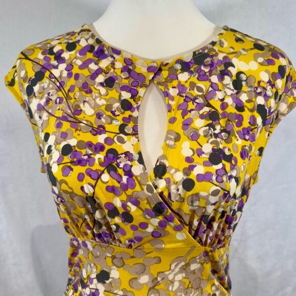 Beautiful yellow and purple abstract print keyhole ruched stretch dress medium - Picture 2 of 8